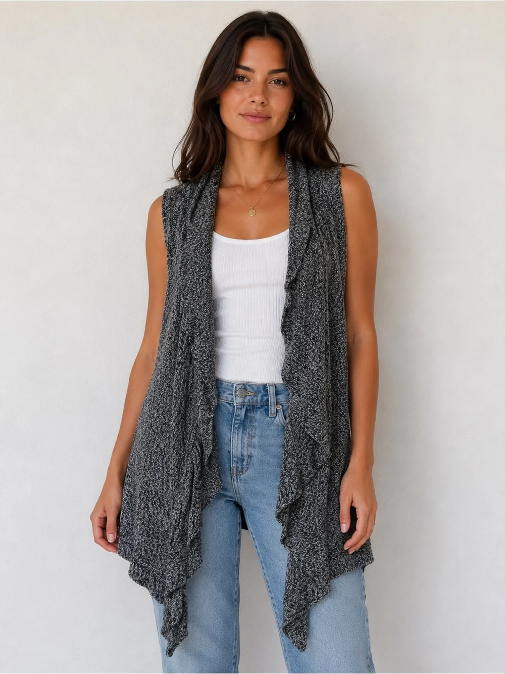 New Directions Marled Knit Cascade Ruffle Vest Sweater Gray Black Size Large - Picture 1 of 5